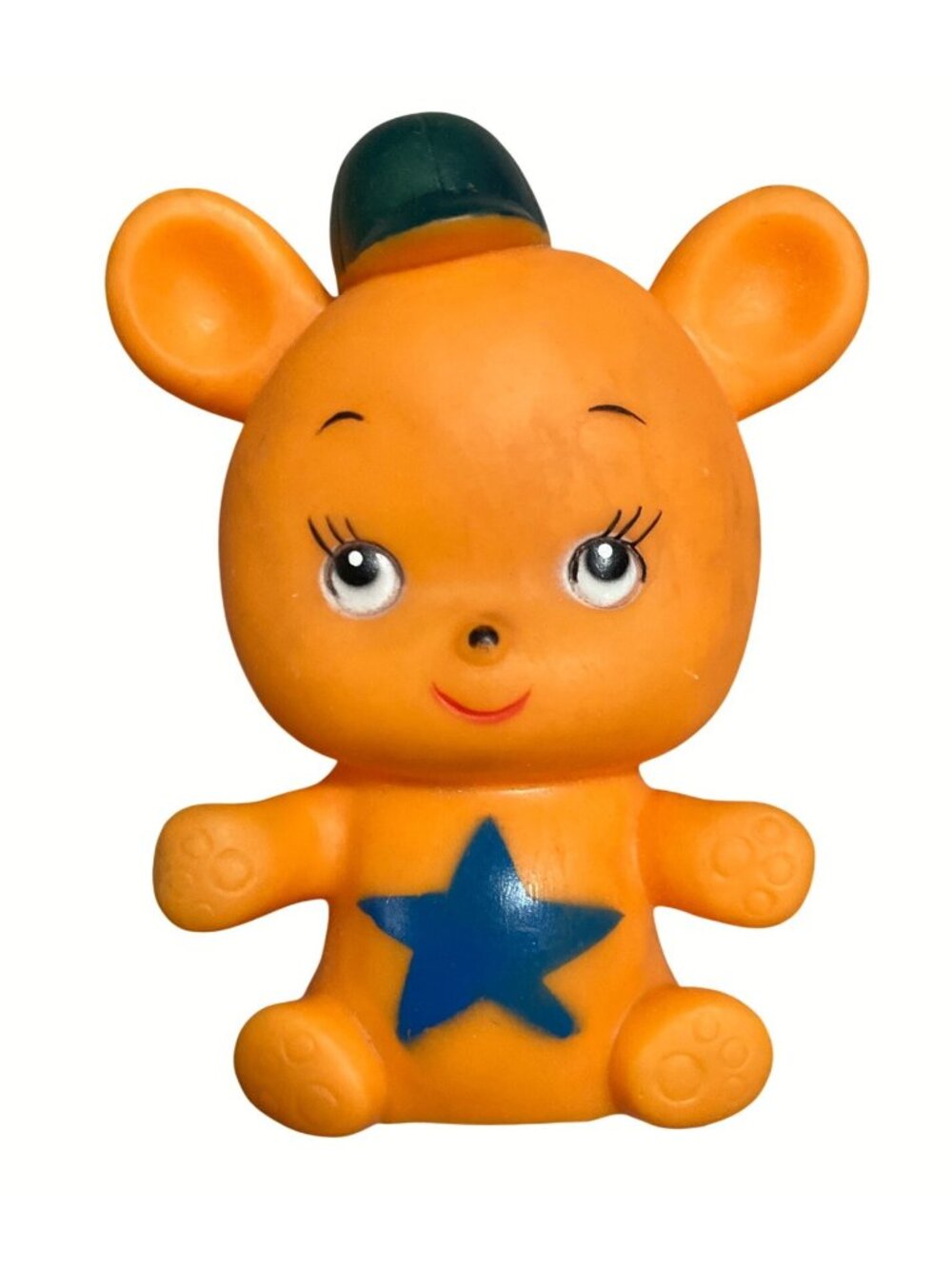 Orange Bear Shaped Vintage Squeaky Toy With Blue Star & Green Hat Made In Taiwan